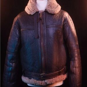 Men's Brown Leather Military Jacket with Shearling Collar